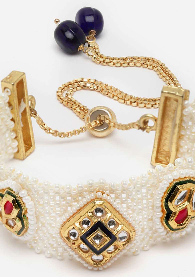 Blue And Red Gold Plated Kundan Pearl Bracelet - Indya
