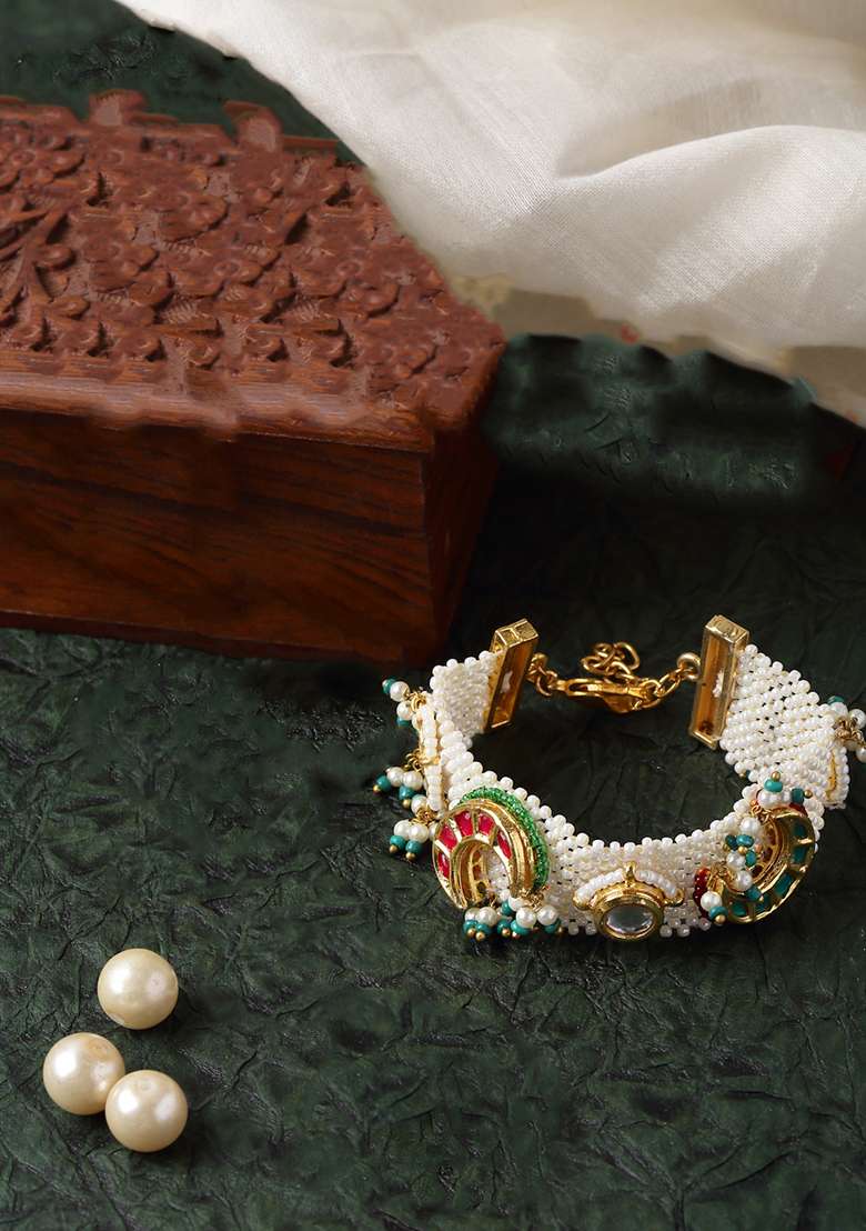 Green And Blue Gold Plated Kundan Pearl Bracelet - Indya