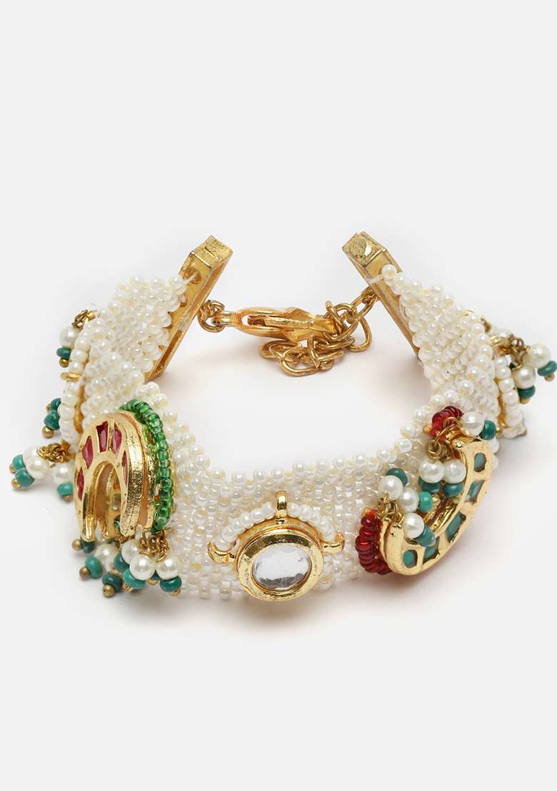 Green And Blue Gold Plated Kundan Pearl Bracelet - Indya