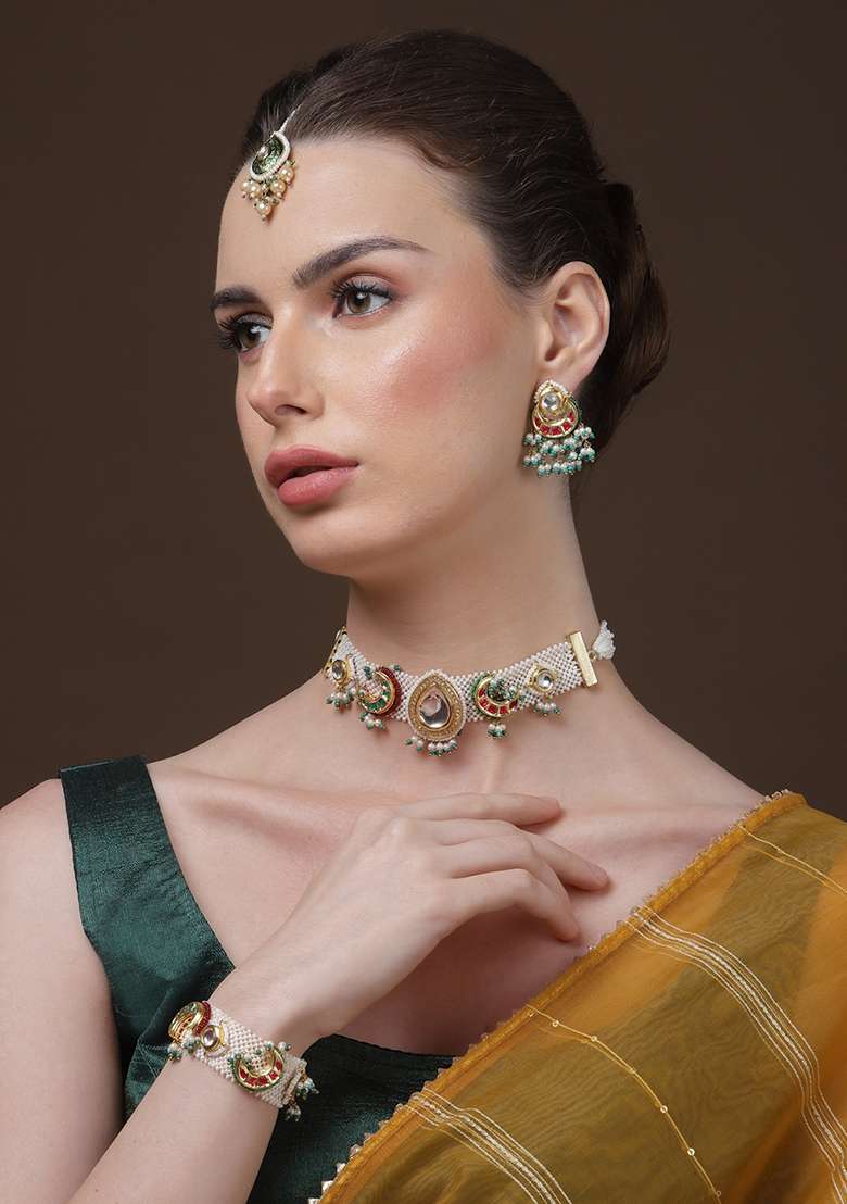 Green And Blue Gold Plated Kundan Pearl Bracelet - Indya