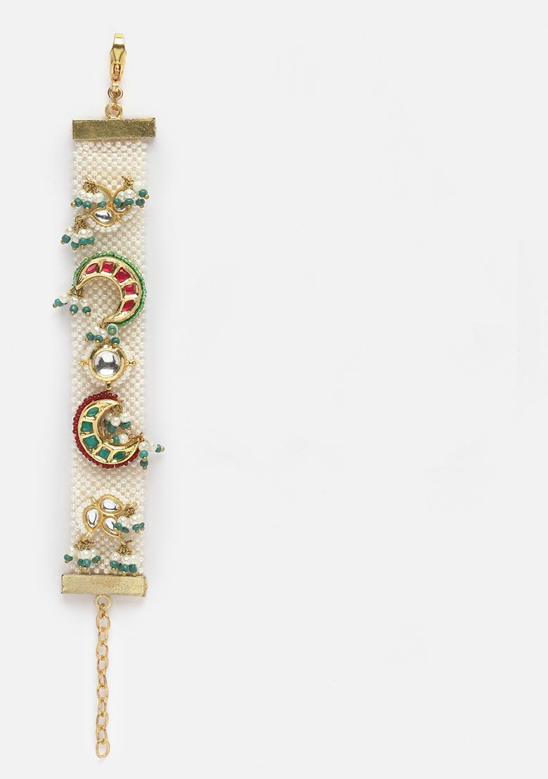 Green And Blue Gold Plated Kundan Pearl Bracelet - Indya