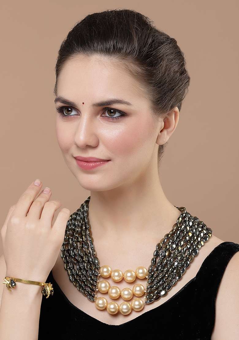 Black Gold Plated Pearl Natural Stone Designer Bracelet - Indya