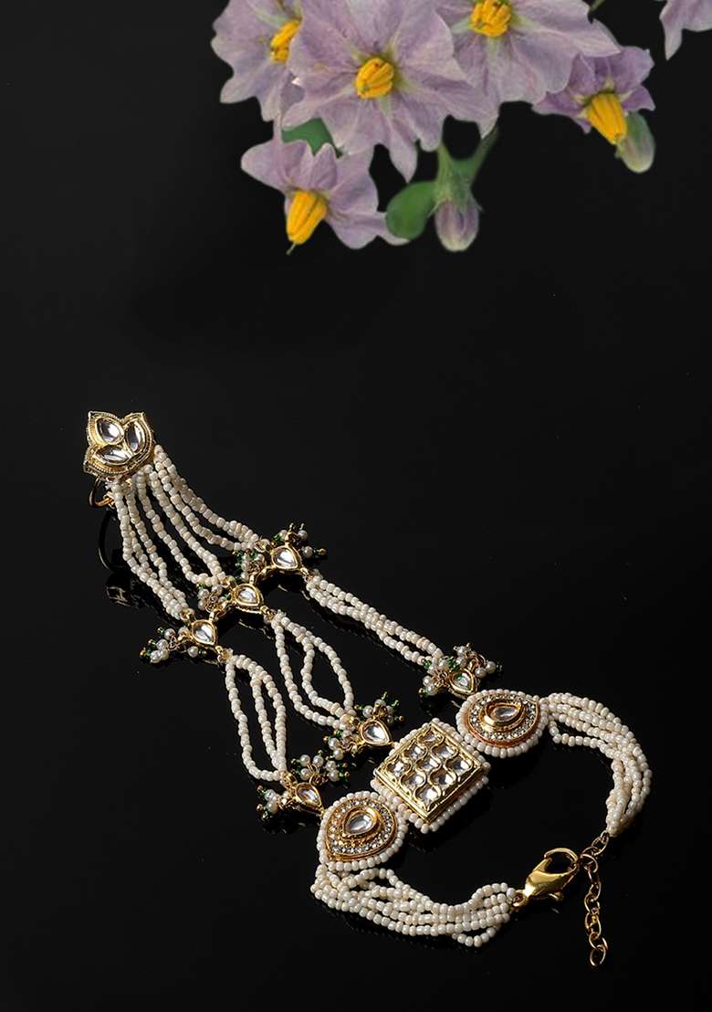 Green Gold Plated Kundan American Diamond Bracelet - Indya