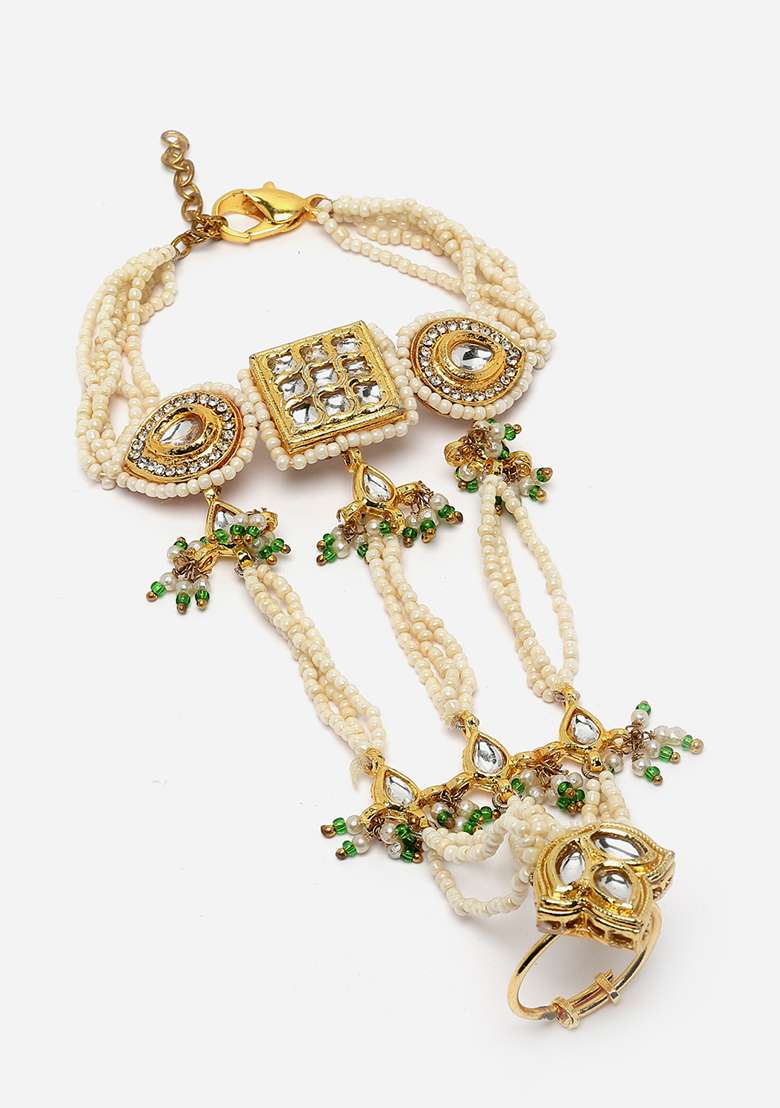 Green Gold Plated Kundan American Diamond Bracelet - Indya