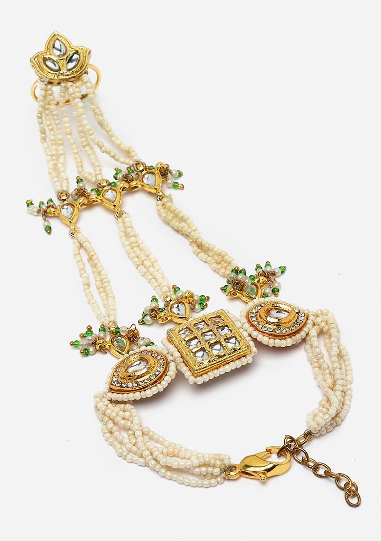 Green Gold Plated Kundan American Diamond Bracelet - Indya