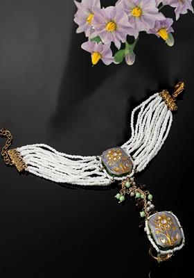 Blue And Green Gold Plated Kundan Pearl Hathphool