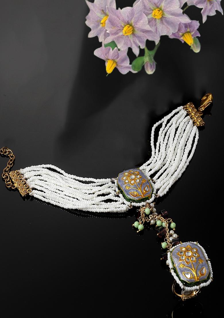 Blue And Green Gold Plated Kundan Pearl Hathphool - Indya