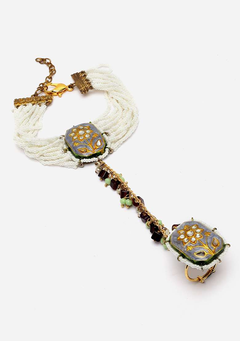 Blue And Green Gold Plated Kundan Pearl Hathphool - Indya