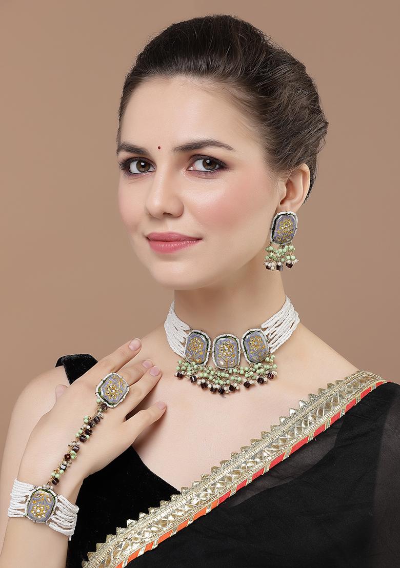 Blue And Green Gold Plated Kundan Pearl Hathphool - Indya