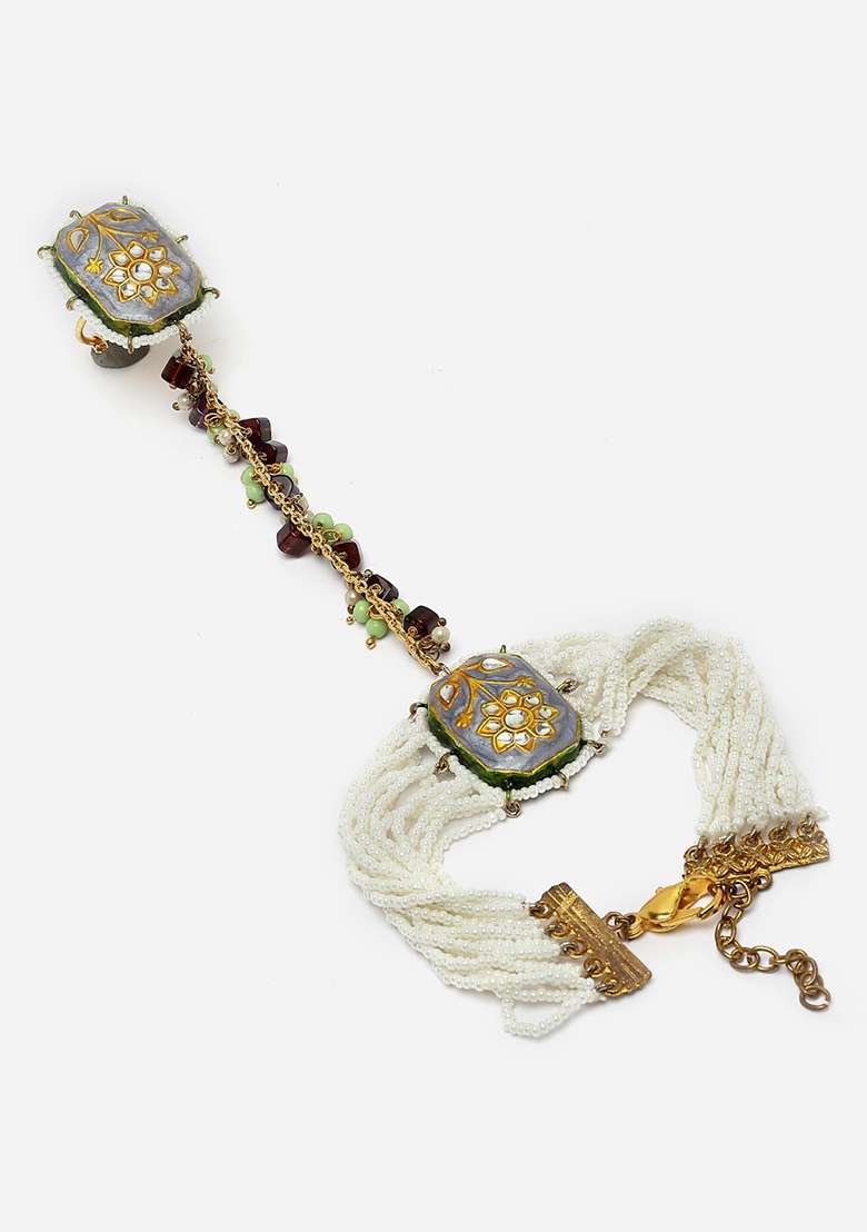 Blue And Green Gold Plated Kundan Pearl Hathphool - Indya