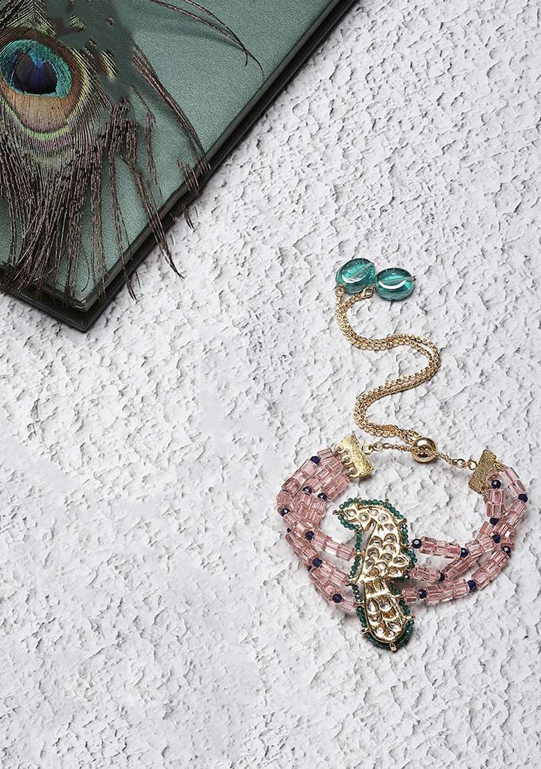 Pink And Green Gold Plated Kundan Pearl Bracelet - Indya