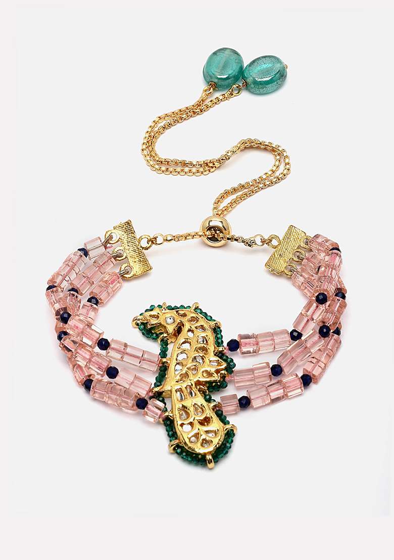 Pink And Green Gold Plated Kundan Pearl Bracelet - Indya