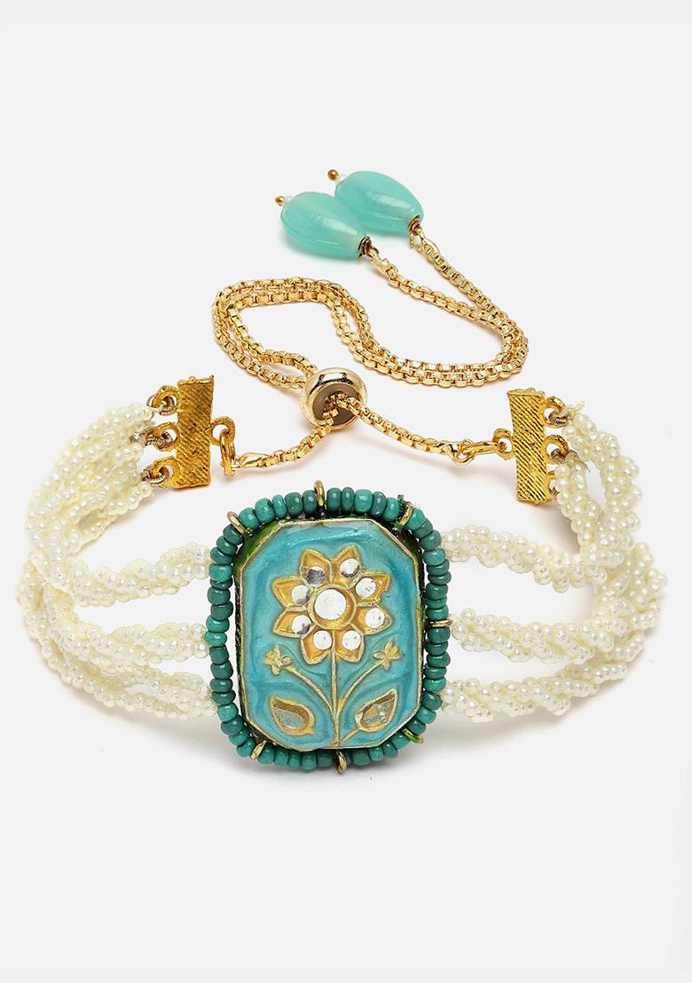 Blue And Cream Gold Plated Pearl Natural Stone Bracelet - Indya