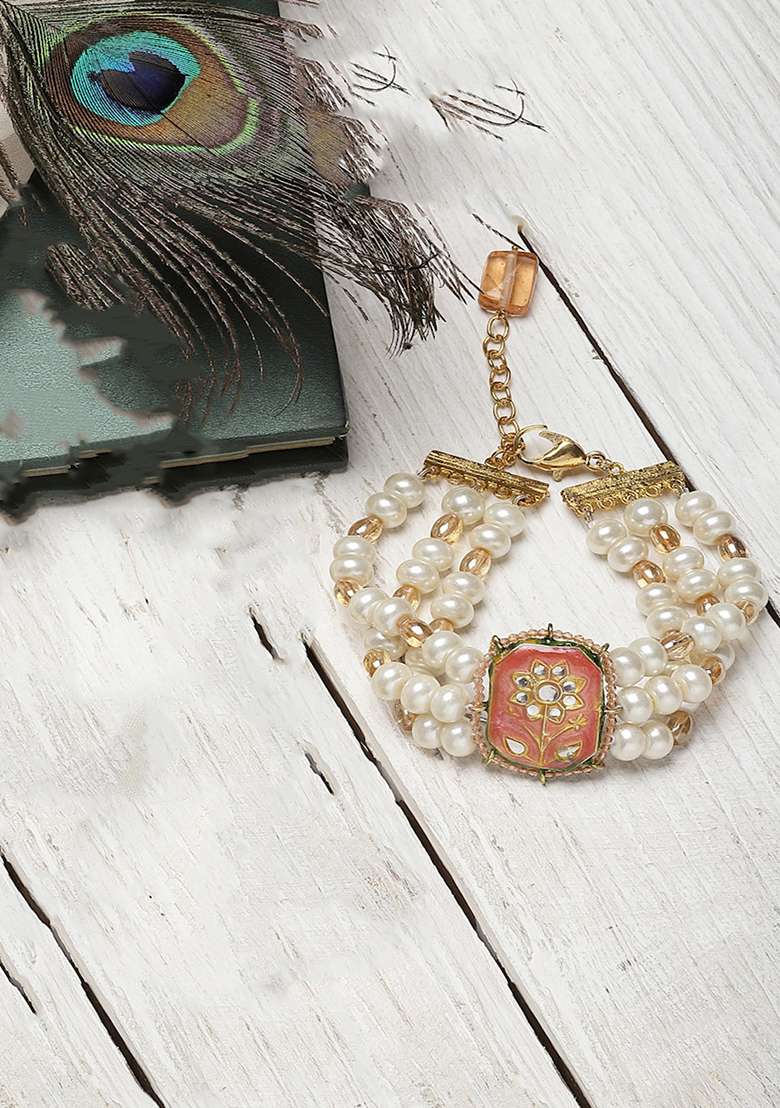 Orange And Cream Gold Plated Pearl Natural Stone Bracelet - Indya