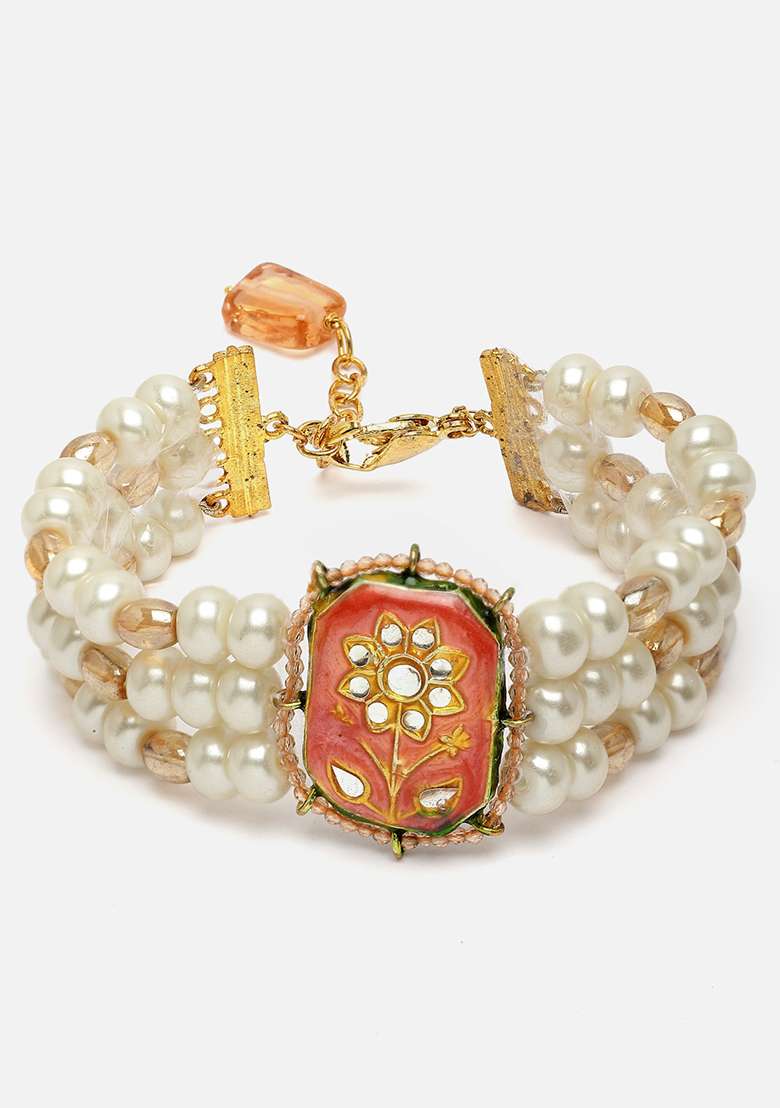 Orange And Cream Gold Plated Pearl Natural Stone Bracelet - Indya