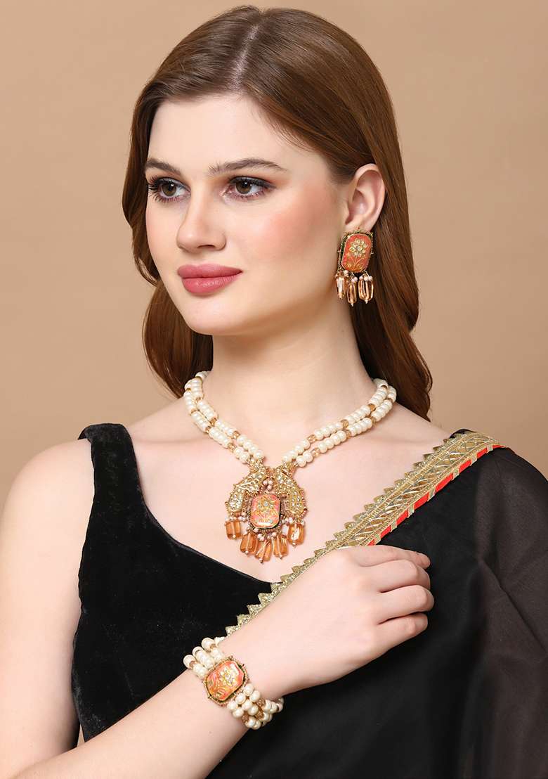 Orange And Cream Gold Plated Pearl Natural Stone Bracelet - Indya