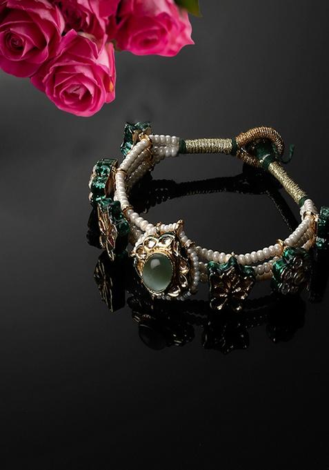 Green Gold Plated Kundan Pearl Bracelet