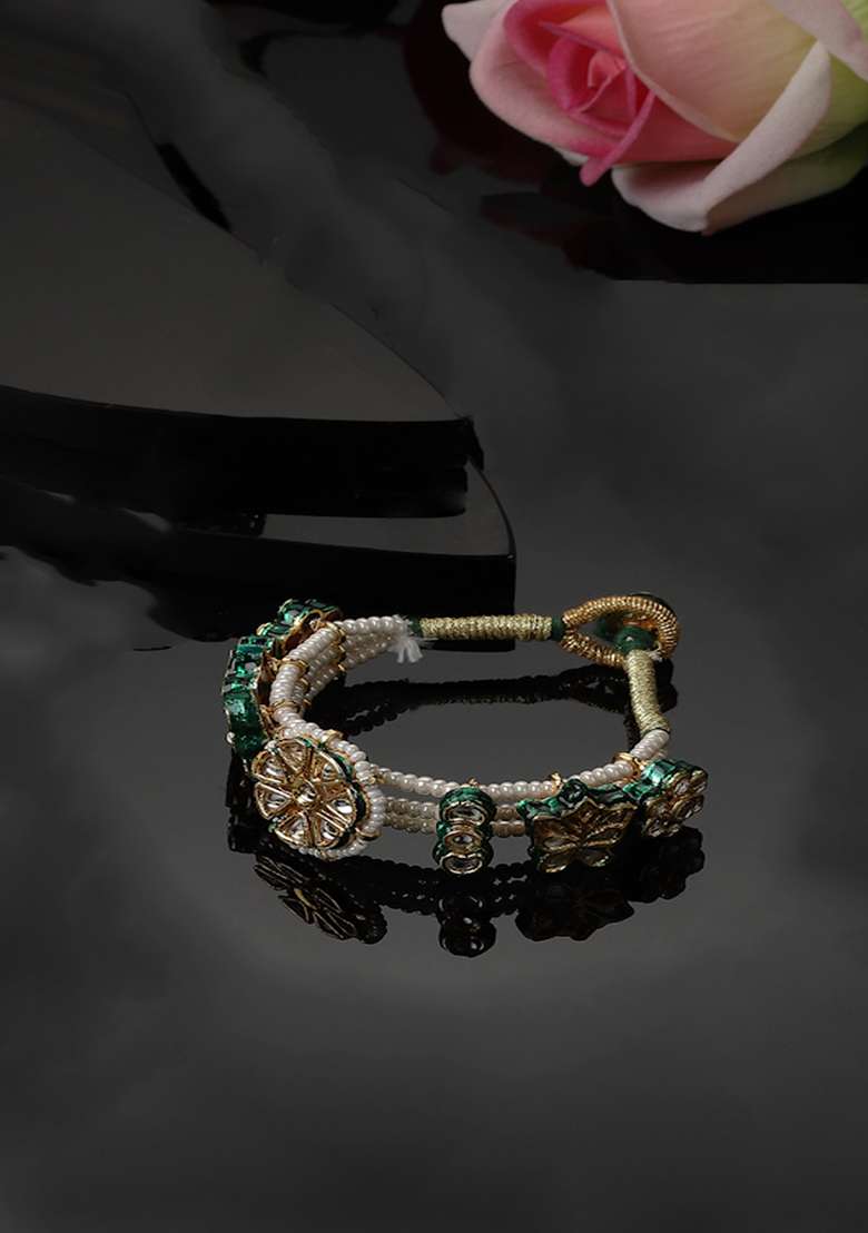 Green Gold Plated Kundan Pearl Bracelet - Indya