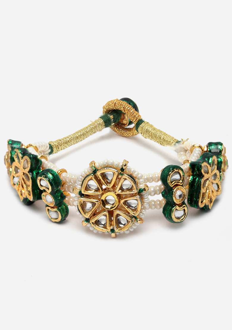 Green Gold Plated Kundan Pearl Bracelet - Indya