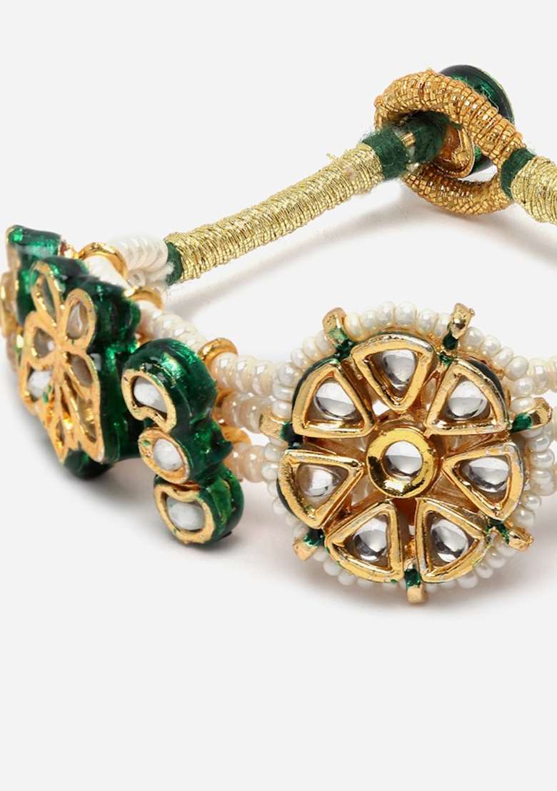 Green Gold Plated Kundan Pearl Bracelet - Indya
