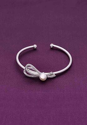 Silver Ribboned Diamante Pearl Bracelet