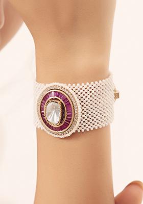 Gold Plated Polki Pearl Dangler Bracelet