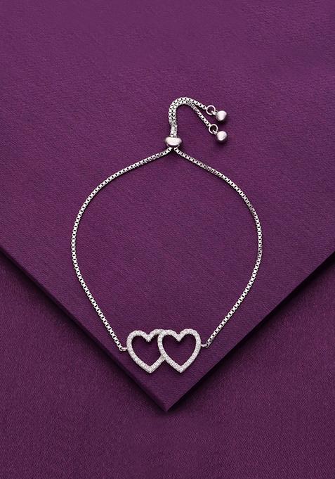 Silver Sterling Twinning Hearts Link Adjustable Bracelet