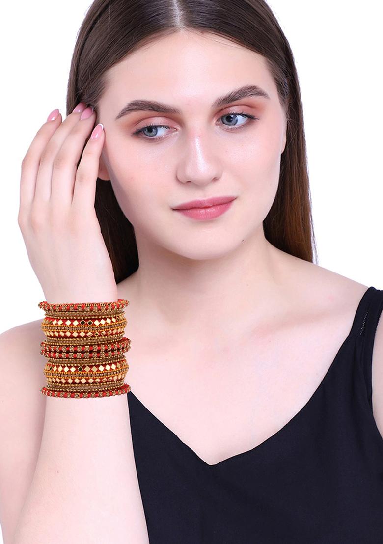 Gold Plated Silk Thread Red Mirror Work Chuda Bangle Set - Indya