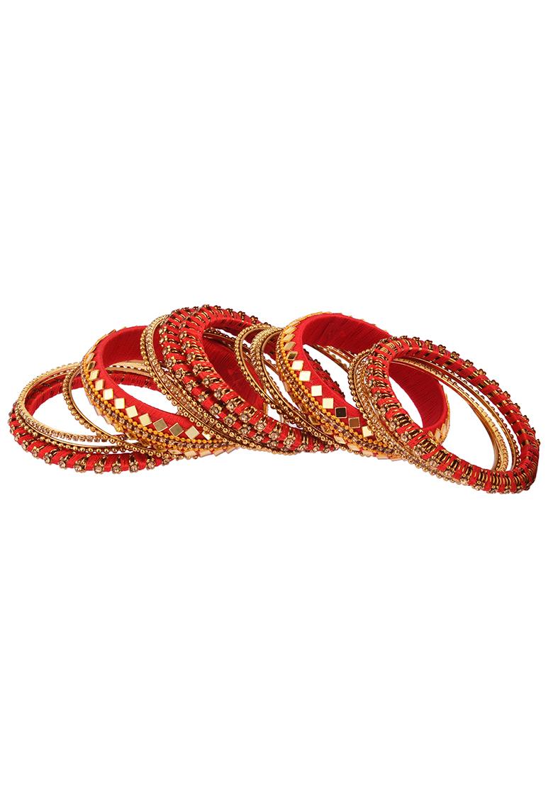 Gold Plated Silk Thread Red Mirror Work Chuda Bangle Set - Indya