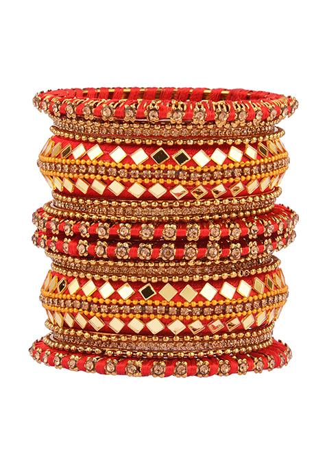 Gold Plated Silk Thread Red Mirror Work Chuda Bangle Set