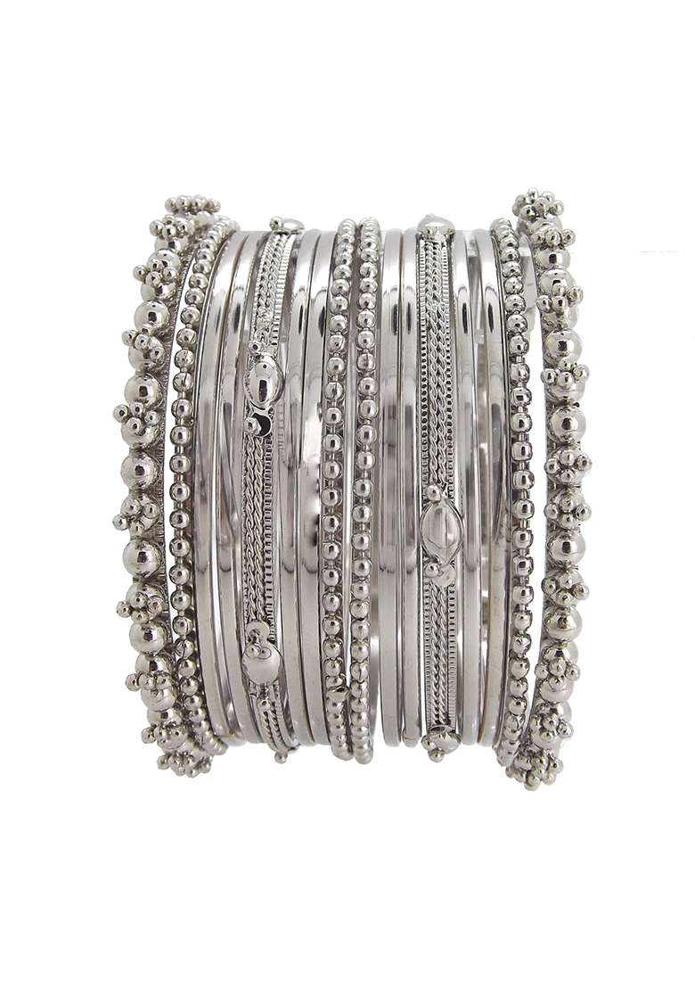 Silver Oxidised Traditional Bangles Set - Indya