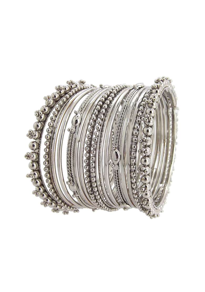 Silver Oxidised Traditional Bangles Set - Indya