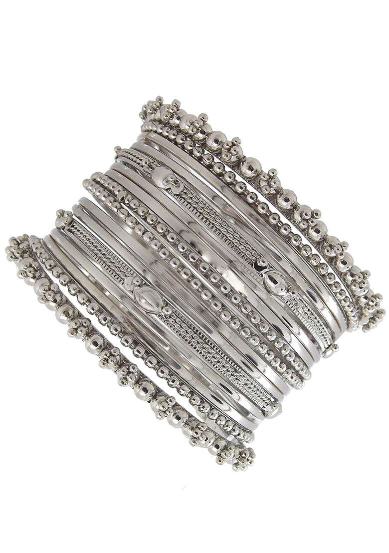 Silver Oxidised Traditional Bangles Set - Indya