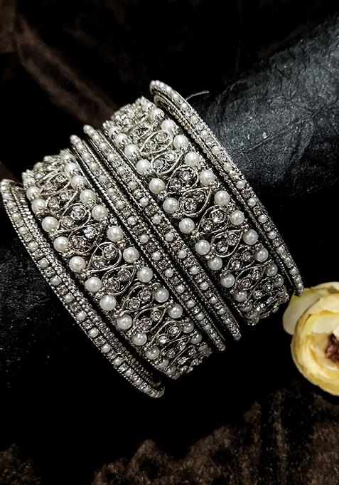 Silver Plated Pearl Cz Stone Fusion Bangles