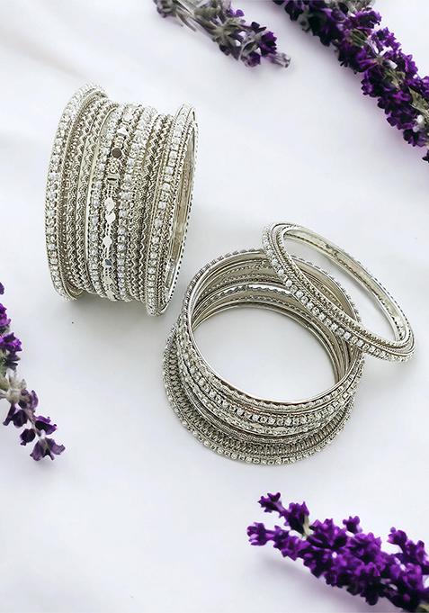 Silver Oxidized Pearl Cz Chuda Bangle Set