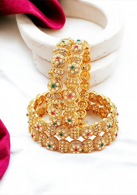 Gold Plated Floral Pearl Bangles