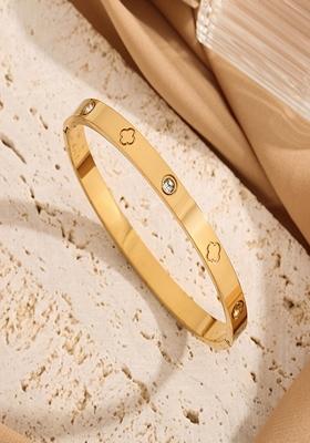 Gold Plated Clover And Zircon Bangle Bracelet