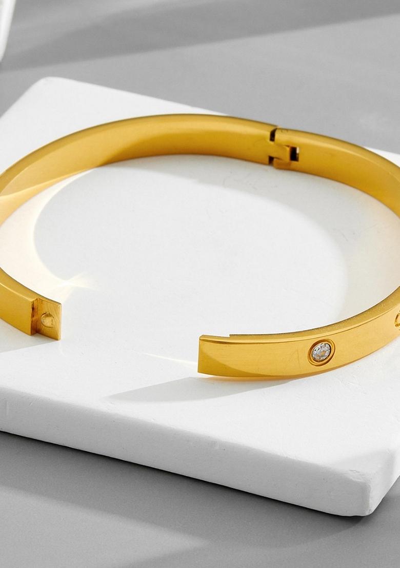 Gold Plated Clover And Zircon Bangle Bracelet