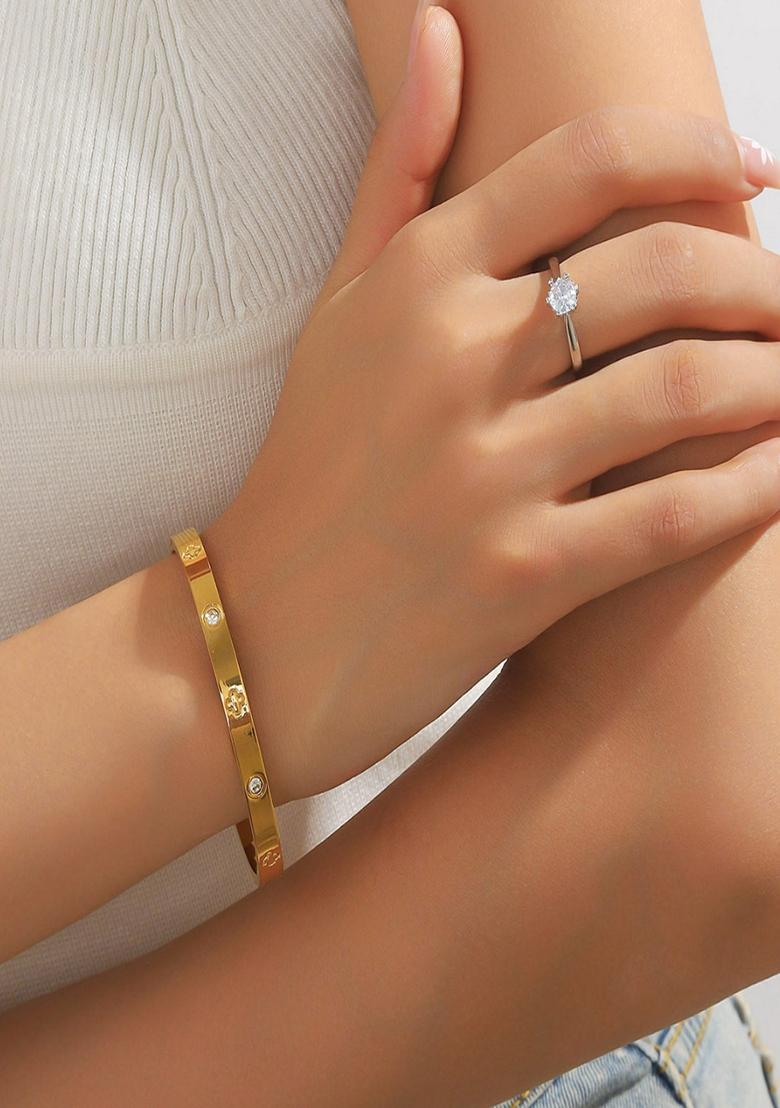 Gold Plated Clover And Zircon Bangle Bracelet