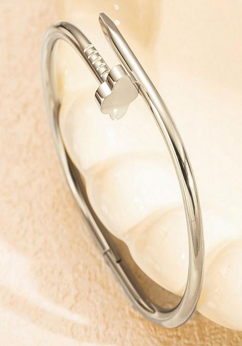 Silver Plated Nail And Clover Bangle Bracelet
