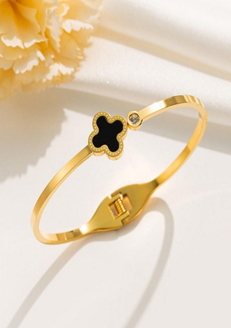 Gold Plated Clover And Zircon Bangle Bracelet