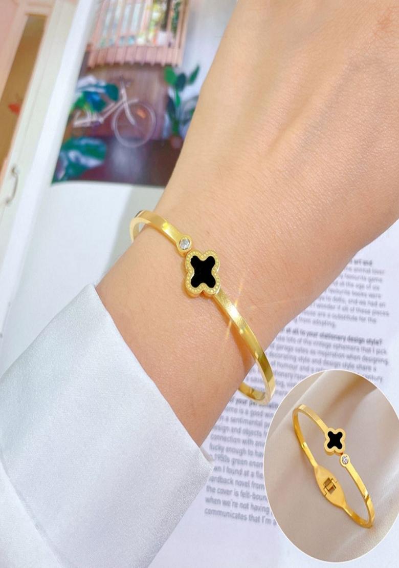 Gold Plated Clover And Zircon Bangle Bracelet