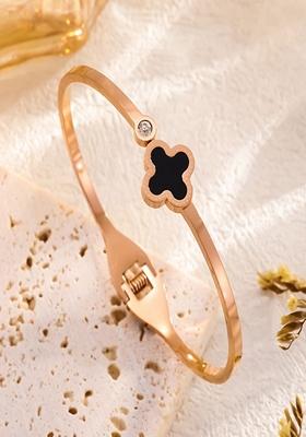 Rose Gold Plated Black Clover And Zircon Bangle Bracelet