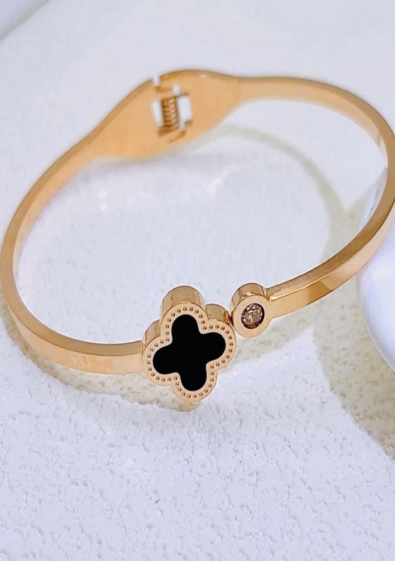 Rose Gold Plated Black Clover And Zircon Bangle Bracelet