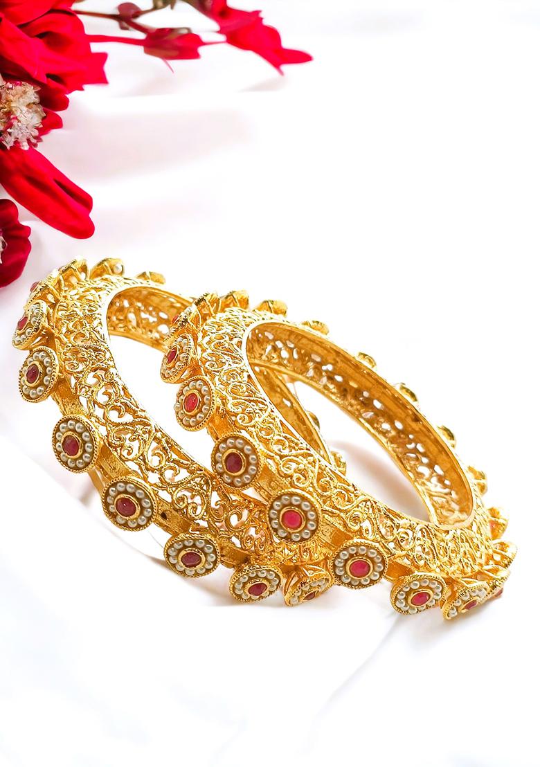 Gold Plated Ruby Pearl Gokhru Maharani Kada Set - Indya