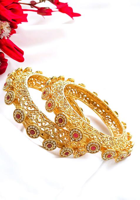 Gold Plated Ruby Pearl Gokhru Maharani Kada Bangles