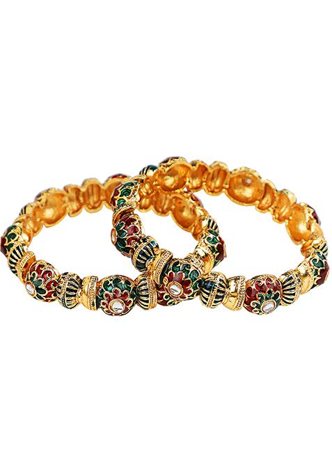 Gold Plated Kundan Red And Green Meenakari Bangles