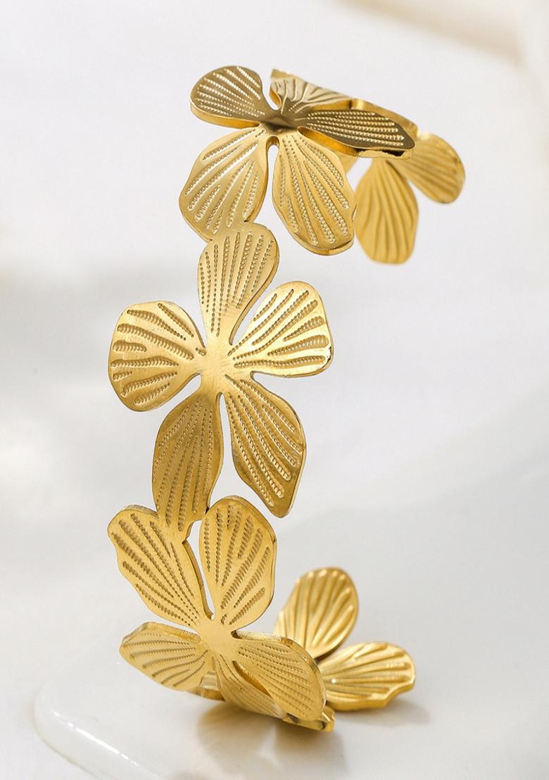 Gold Platedchunky Floral Cuff Bangle Bracelet