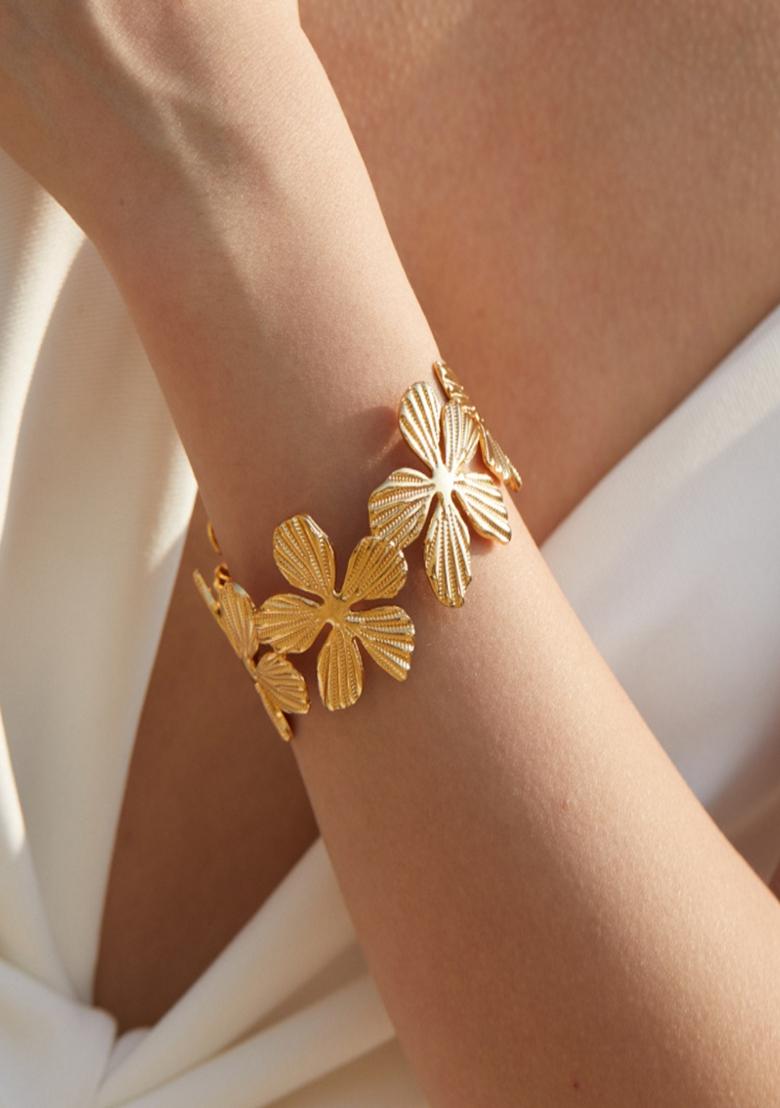 Gold Platedchunky Floral Cuff Bangle Bracelet