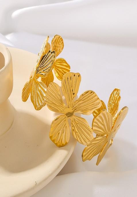 Gold Platedchunky Floral Cuff Bangle Bracelet